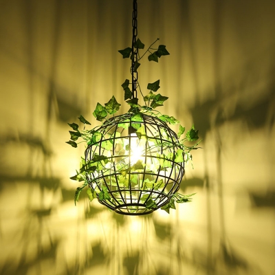 Iron Globe Pendant Light Fixture Industrial 1-Light Dining Room Ceiling Hang Light with Plant Decor in Orange/Green