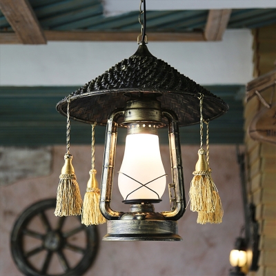 Kerosene Frosted Glass Pendant Lamp Nautical 1 Head Terrace Ceiling Hang Light with Coolie Hat Top and Tassel in Bronze