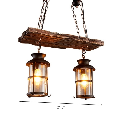 Linear Wood Board Island Lamp Rural 2/3 Lights Restaurant Hanging Pendant with Cylinder Clear Glass Shade in Brown