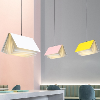 Macaron Unfolded Book Down Lighting Pendant Metal Single-Bulb Library Ceiling Hanging Light in Black/White/Pink