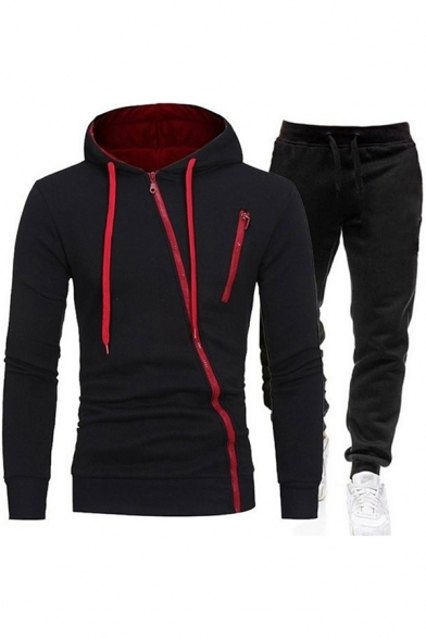 Mens Co-ords Stylish Oblique Zipper Drawstring Slim Fitted Long Sleeve Hoodie Long Pants Jogger Co-ords