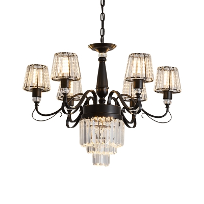 Modernism Conic Pendant Chandelier Beveled Crystal 6-Bulb Dining Room Ceiling Hang Fixture in Black