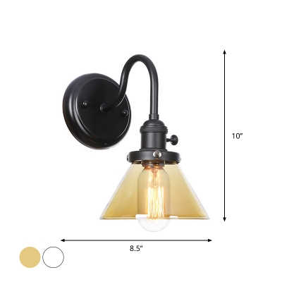 Single-Bulb Clear/Amber Glass Wall Light Farmhouse Black Cone/Globe Shaped Foyer Wall Mounted Lamp with Curved Arm