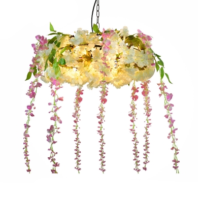 Wired Cage Iron Drop Lamp Rustic 1/3/4-Bulb Dining Room Blooming Pendant Chandelier in Purple/Pink/White
