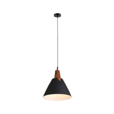 Truncated Cone Shade Pendant Nordic Metal Single Black/Grey/White Hanging Light with Leather Strap, 10.5
