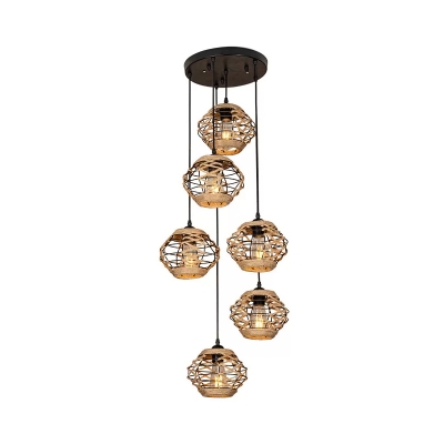3/6 Bulbs Manila Rope Multi-Pendant Rustic Brown Oval Shade Bistro Ceiling Suspension Lamp with Round/Linear Canopy