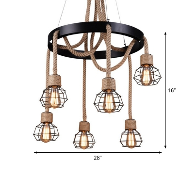 6-Bulb Chandelier Pendant Light Country Circle Hand-Wrapped Rope Hanging Lamp Kit in Brown