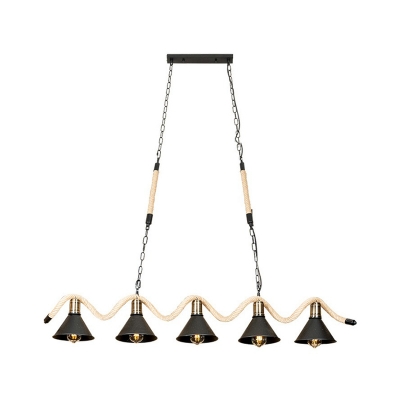 Black Cone Hanging Island Light Country Metal 5 Lights Dining Room Ceiling Suspension Lamp with Wavy Roped Arm