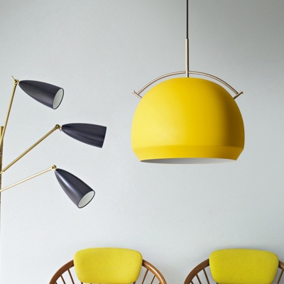 Dome/Cloche Arch-Handled Ceiling Hang Light Macaron Aluminum Single Living Room Drop Pendant in Pink/Blue/Yellow