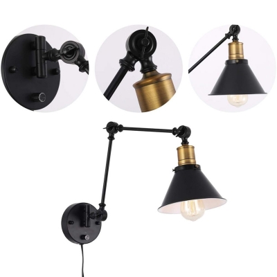 Farmhouse Tapered Shade Rotating Wall Lamp 1/2-Bulb Iron Plug-in Wall Lighting Fixture in Black