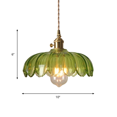 Floral Kitchen Bar Drop Pendant Vintage Green Carved Glass 1 Head Brass Ceiling Suspension Lamp