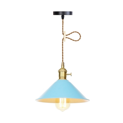 Iron Pink/Blue/Yellow Hanging Light Kit Barn/Cone Shade 1-Light Loft Style Pendant Lamp with Switch for Dining Room