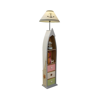 Kids 1-Light Stand Up Lamp Wood/Yellow/White Boat Bookcase Floor Lighting with Cone Fabric Shade