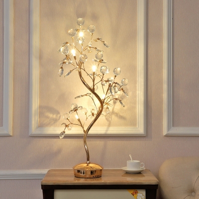 Modernity Tree Night Lamp Clear Crystal Bead 6-Light Bedside Table Lighting in Gold