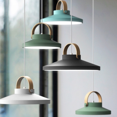 Pot Lid Design Hanging Pendant Macaron Metal Blue/Green/Black LED Ceiling Light with Wood Handle for Kitchen Bar