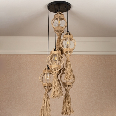 Rural Round/Linear Ceiling Hanging Lantern 3/6 Lights Natural Hemp Rope Pendant Lamp with Tassel in Brown