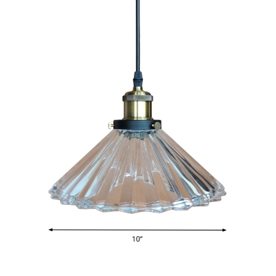Single-Bulb Hanging Light Antiqued Kitchen Bar Drop Pendant with Ridged Cone Clear Glass Shade in Black