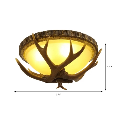 Tan Glass Domed Ceiling Lamp Farmhouse 3-Light Living Room Flush Mount Light with Faux Antler in Brown