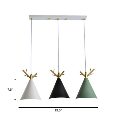White Round/Linear Canopy Multi-Pendant Nordic 3 Lights Metal Suspension Lighting with Cone Shade and Antler Top