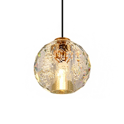 1-Bulb Bedroom Ceiling Hang Fixture Modern Gold Pendant Lamp with Spherical Clear Crystal Shade