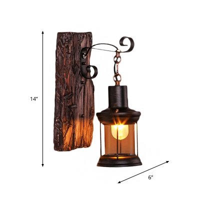 1 Bulb Lantern Wall Mount Lighting Rural Brown Clear Glass Wall Hanging Lamp with Rectangle Wood Backplate