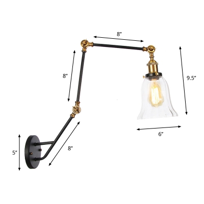 1 Bulb Swing Arm Task Wall Light Industrial Bell/Barn/Saucer Shade Clear Glass Wall Mounted Lamp in Black-Brass