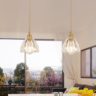 1-Light Ceiling Pendant Transitional Dining Room Hanging Light with Floral Clear Ribbed Glass Shade in Brass