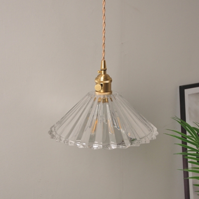 1-Light Clear Glass Wall Hanging Light Rustic Brass Cone/Cylinder/Scalloped Bedside Wall Mounted Light