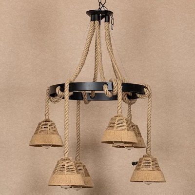 6 Bulbs Chandelier Lighting Farmhouse Living Room Ceiling Hang Light with Conic Hemp Rope Shade in Brown