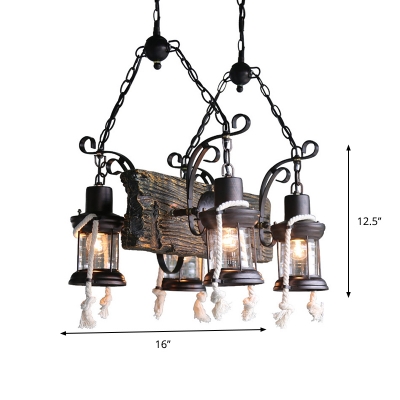 Black Lantern Hanging Lamp Farmhouse Iron 4 Bulbs Dining Room Island Pendant in Black with Rope Decor