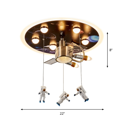 Black Space Station Flush Light Kids 9-Light Acrylic Ceiling Lighting with Hanging Spacemen