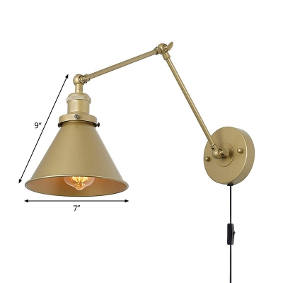 Brass Cone Wall Mounted Reading Light Industrial Metal 1 Head Bedroom Wall Lamp with/without Plug-in Cord