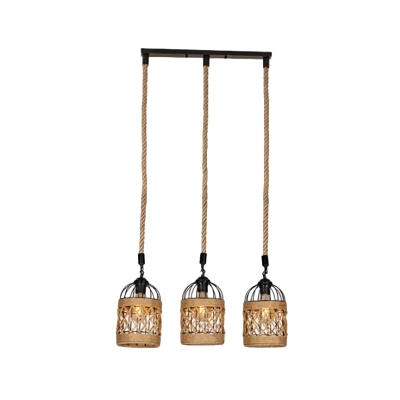Crisscrossed Rope Birdcage Pendant Cottage 3/6 Lights Dining Room Multi Hanging Light in Brown with Round/Linear Canopy