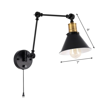 Farmhouse Tapered Shade Rotating Wall Lamp 1/2-Bulb Iron Plug-in Wall Lighting Fixture in Black