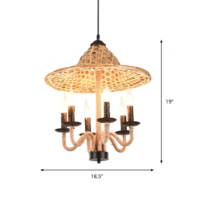Hemp Roped Candelabra Chandelier Rustic 6/7-Light Restaurant Ceiling Suspension Lamp with Bamboo Hat Shade