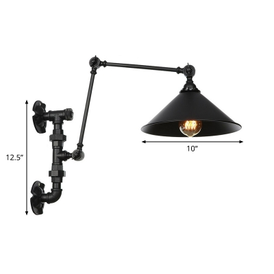 Industrial Water Pipe Wall Lighting 1 Head Iron Rotatable Wall Lamp Fixture with Cone Shade in Black