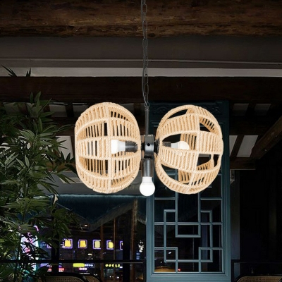 Jute Rope Twin-Pumpkin Chandelier Cottage 3 Bulbs Restaurant Suspended Lighting Fixture in Brown