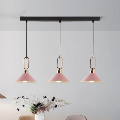 Macaron 1/3-Head Ceiling Lamp Black/Pink/Blue Conical Pendant Light Fixture with Metal Shade and Oval Top