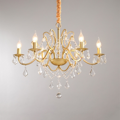 Scrolled Arm Metal Ceiling Chandelier Contemporary 6-Bulb Brass Hanging Lamp Kit with Crystal Droplet for Dining Room