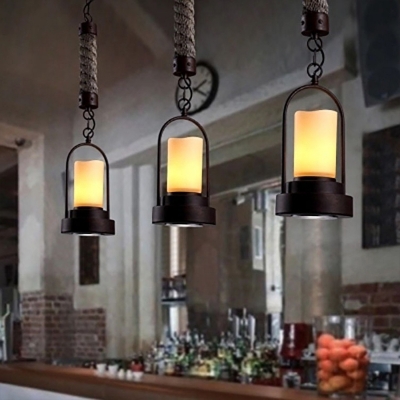 Vintage Pillar Candle Pendant Lighting 1 Bulb Metal Suspension Lamp with Roped Cord and Arched Frame in Rust