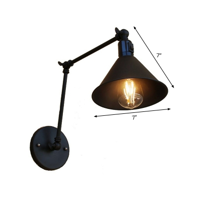 1/2-Light Iron Wall Light Fixture Industrial Black Conic Bedside Swing Arm Task Wall Lamp with On/Off Switch