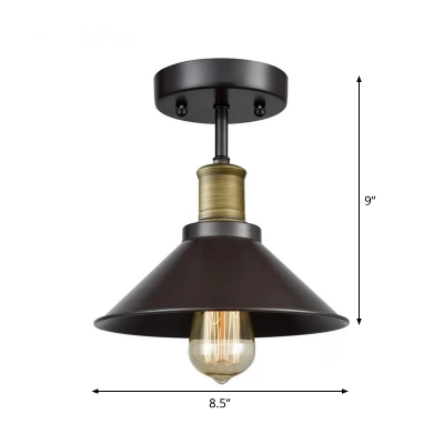 1-Head Semi Flush Ceiling Light Industrial Cone Shade Iron Flush Mount Lighting in Black
