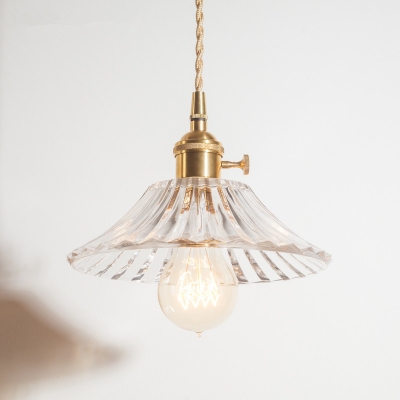 Brass 1-Bulb Pendant Light Rustic Clear/Amber Glass Bowl/Ruffle/Cone Shaded Pendulum Light for Dining Room