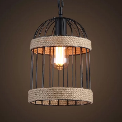 Brown Bird Cage Pendant Light Kit Rustic Jute Rope 1 Head Restaurant Ceiling Suspension Lamp