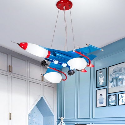 Cream Glass Aircraft Ceiling Pendant Cartoon LED Blue Chandelier for Childrens Bedroom