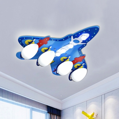 Kids Plane Flush Mount Fixture Wood 4 Lights Bedroom Ceiling Light in Blue with Egg Ivory Glass Shade