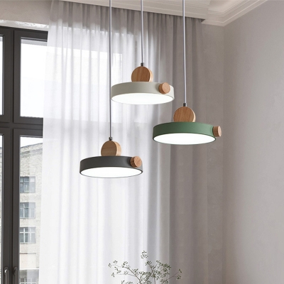 Living Room LED Pendant Lighting Nordic White/Green/Grey and Wood Hanging Light with Round Acrylic Shade