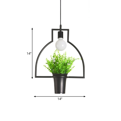 Metal Black Ceiling Hang Light Hexagon/Square/Circle 1 Bulb Rustic Down Lighting with Decorative Potted Plant