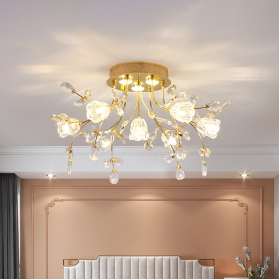 Petal LED Semi Mount Ceiling Light Modernity Clear Crystal 7 Lights Gold Lighting Fixture with Sputnik Design