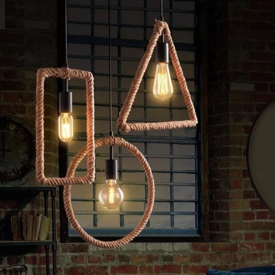 Single Hemp Rope Down Lighting Rural Brown Round/Triangle/Square Exposed Bulb Design Dining Room Drop Pendant